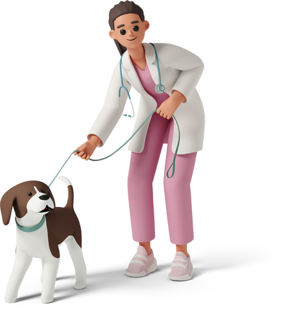 A vet holding a dog on a leash