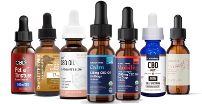 7 different CBD Oils lined up in a row