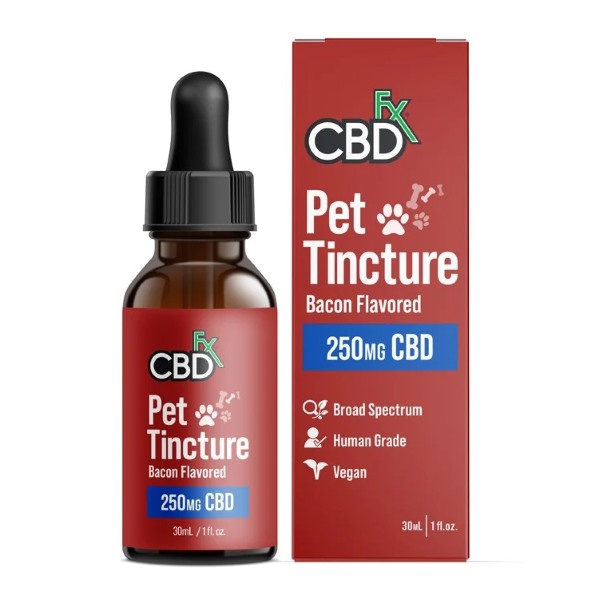 CBDfx Pet Tincture Bacon Flavored 250mg CBD tincture and packaging