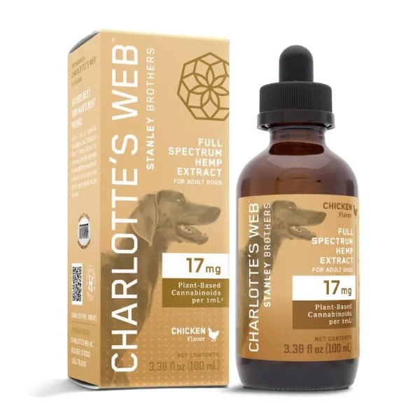 Charlottes Web Full Spectrum Hemp Extract for Dogs Chicken Flavor CBD tincture and packaging
