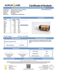 4 Corners Cannabis Peanut Butter Pet Tincture 1000mg CBD lab report from July 29 2020