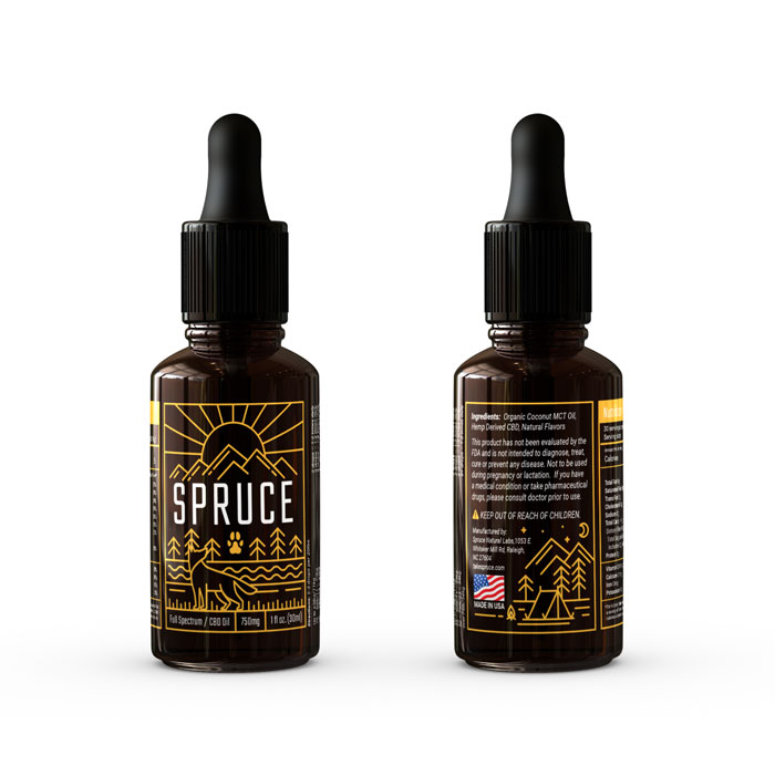 Spruce CBD oil for Dogs. Image showing front and back of bottle.