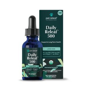 Organic Daily Releaf 500mg CBD Oil For Large Dogs - Box and Bottle
