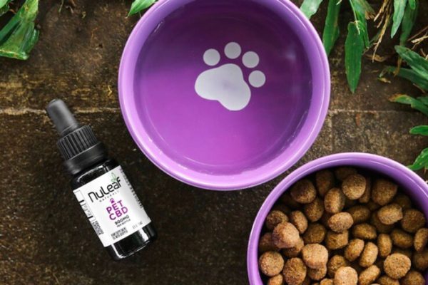 Nuleaf Naturals CBD for Pets product show with a bowl of dog food.